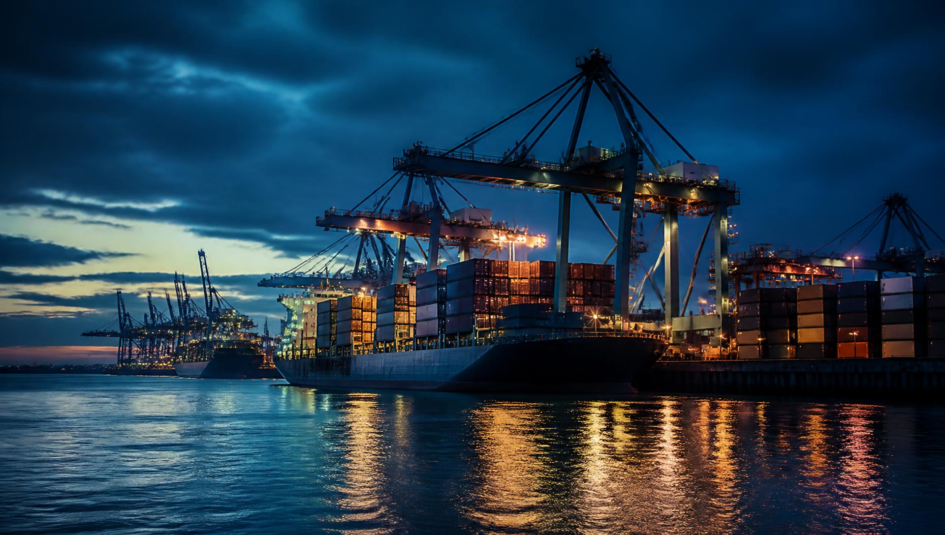 Container ship being loaded by gantry cranes at a port at dusk